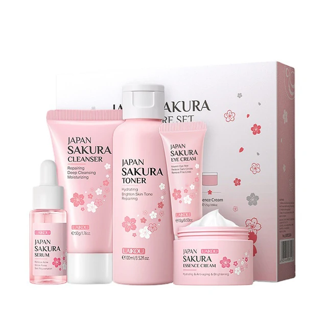 Sakura – Kit de soins du visage pour femmes, 5 pièces/boîte, blanchissant, hydratant, nettoyant, sérum, Toner, crème pour les yeux, japon