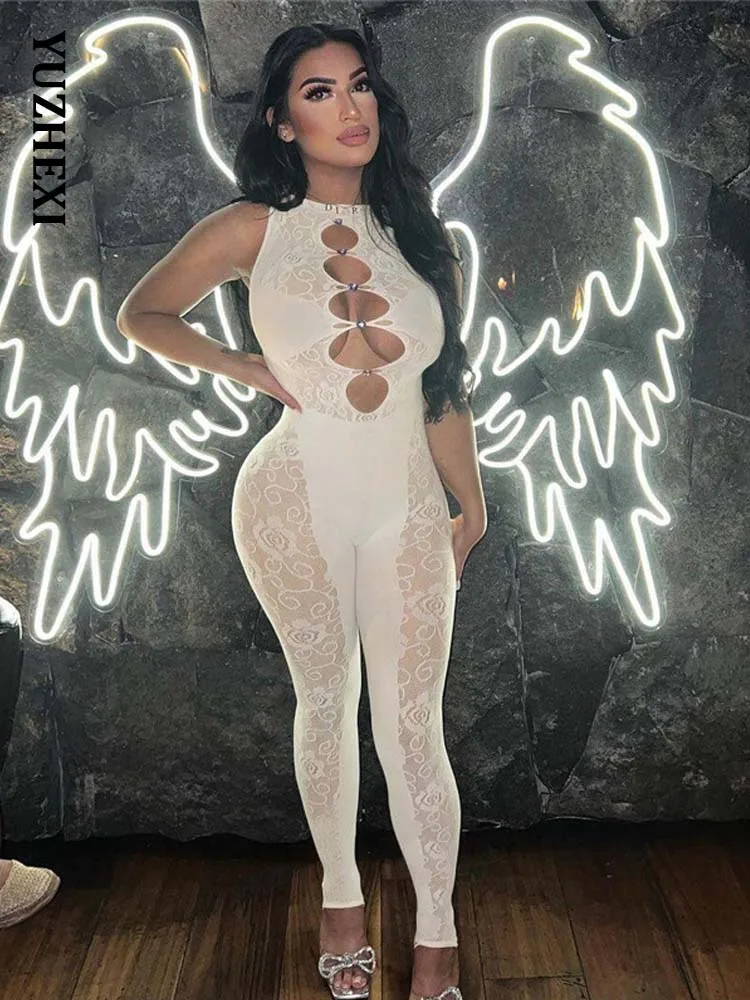 

Цветочный кружевной лоскутный сетчатый комбинезон YUZHEXI, женский комбинезон без рукавов на пуговицах, яркий сексуальный прозрачный комбинезон черного и белого цветов