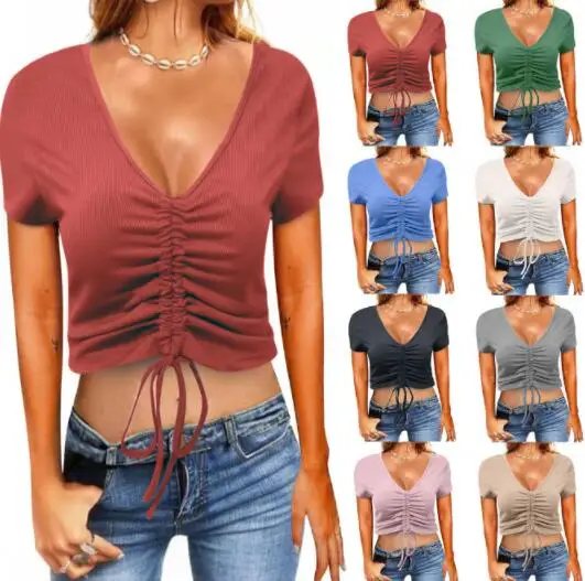 

Summer new tops European and American women's clothing sports drawstring slim T-shirt women's Wish fashion V-neck