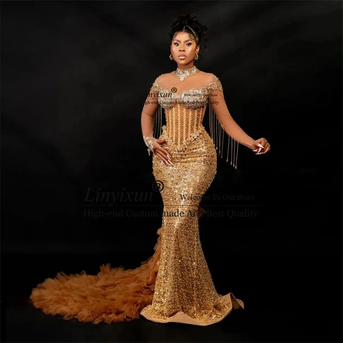 Beaded African Prom Dresses Sheer Neck Long Sleeve Lace Tassels Mermaid Evening Gowns With Tulle Train Party Dress