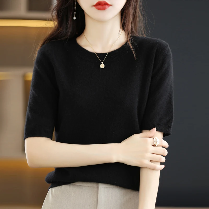 รูปสินค้า ฤดูใบไม้ผลิและฤดูร้อนใหม่แขนสั้นผู้หญิง O-คอ Slim Wool Cotton Blend เสื้อกั๊กเสื้อยืดถักเสื้อกันหนาว