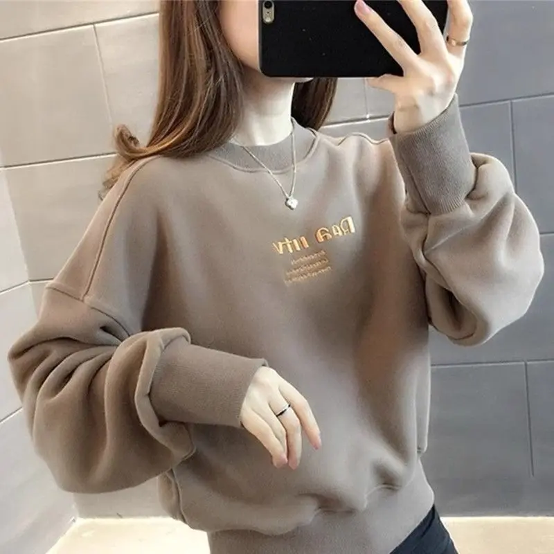 Women's Autumn Winter New Fashion Elegant Round Neck Long Sleeve Pullover Solid Color Sweatshirt Casual Loose Western Style Tops