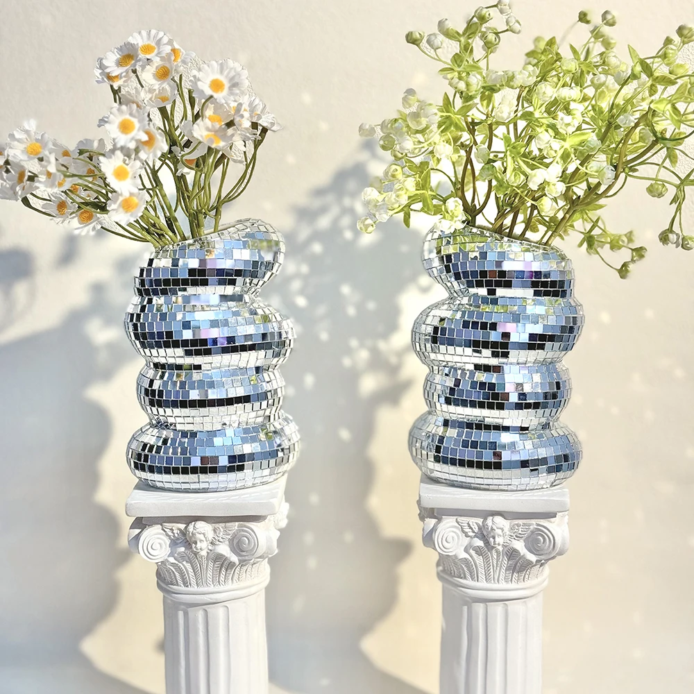 Disco Ball Spiral Vase Unique Glass Tiles Flower Bottle Disco Ball Planter Silver Mirror Vase Home Living Room Office Decor 5