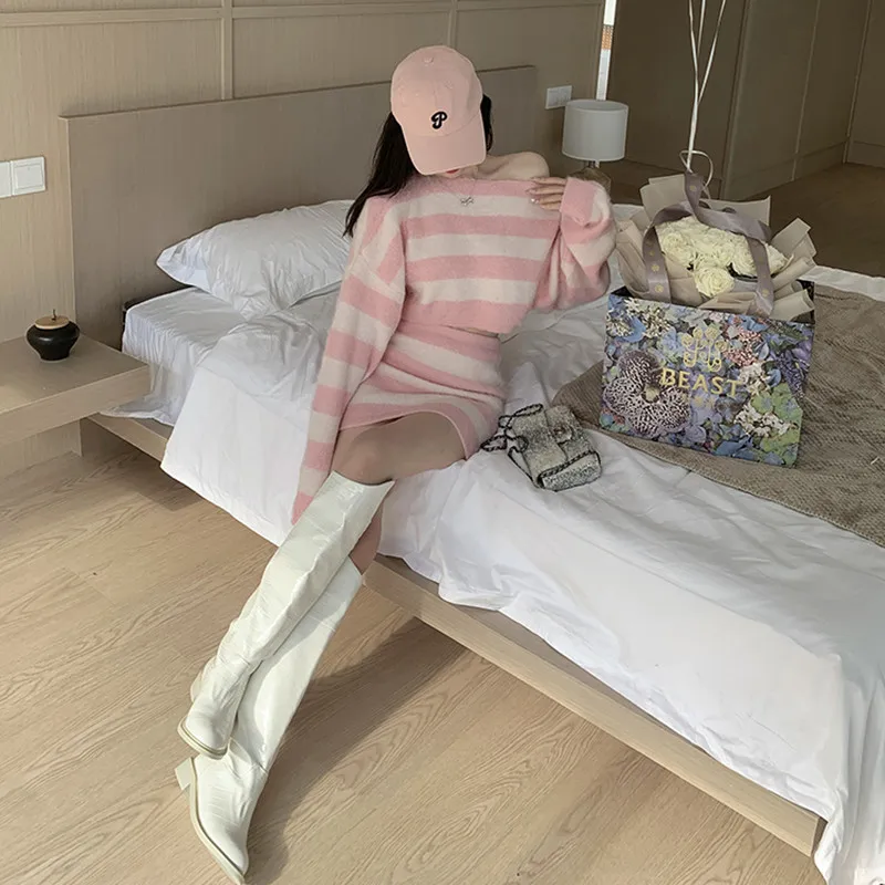 Autumn Striped Two-piece Skirt Set Women Long Sleeve Cropped Off Shoulder Top Bodycon Mini Skirt Korean Fashion Suits New