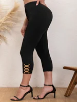 Elegant Plus Size Women's Capri Pants with Chic Metal Chain Detail High-Elasticity Fashionable Casual Solid Mid-Calf Trousers - Image 2