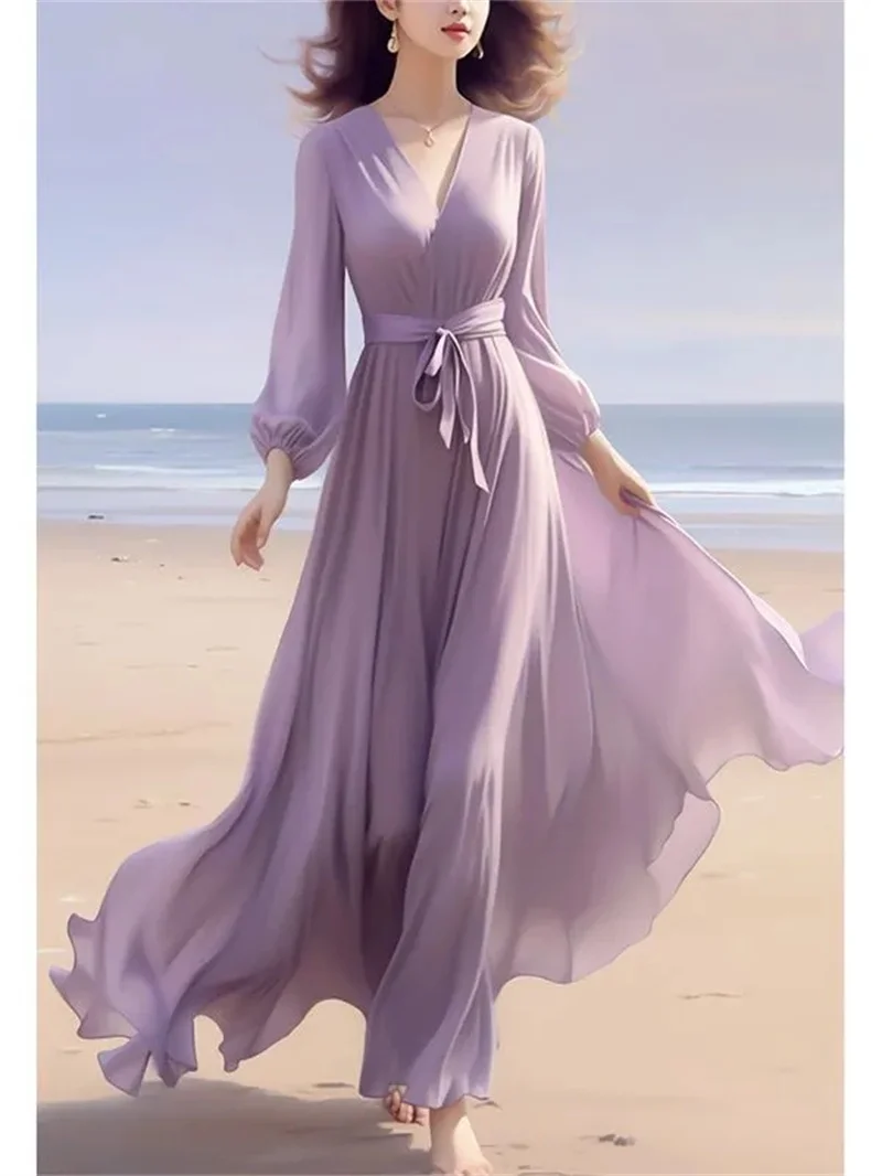 Women High-end Dress Chiffon Dress Seaside Vacation Waist Cinching Fairy Long Dress Spring Long Sleeve Dresses Female Lace-Up Dr