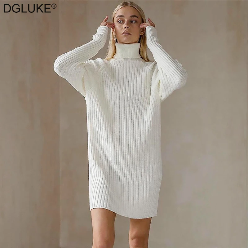 

White Turtleneck Knitted Dresses Woman Winter Autumn Oversized Sweater Dress Fashion Long Sleeve Mini Dress Casual Knitwear