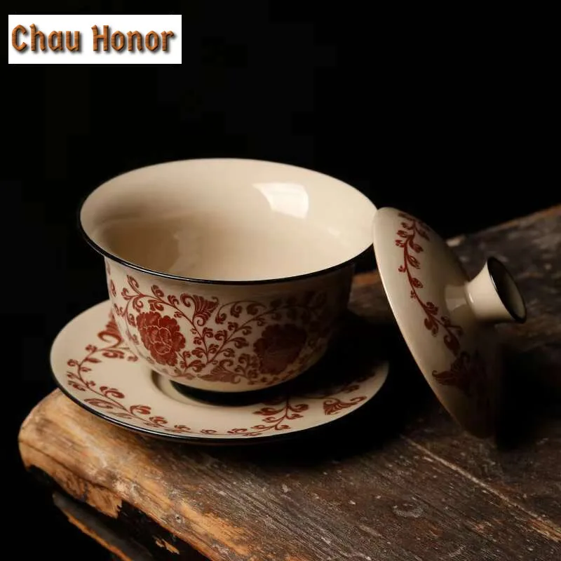 130ml Antique Cizhou Porcelain Kiln Gaiwan Boutique Tea Lid Set Tea Tureen Household Tea Maker Cover Bowl Tea Services Ornaments