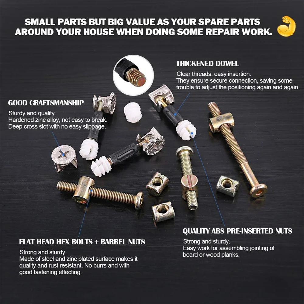 3 in 1 Cam Fitting with Dowel Pre-Inserted Nut with Zinc Plated Hex Drive Socket Furniture Barrel Nuts Crib Screws Kit 125 Pcs