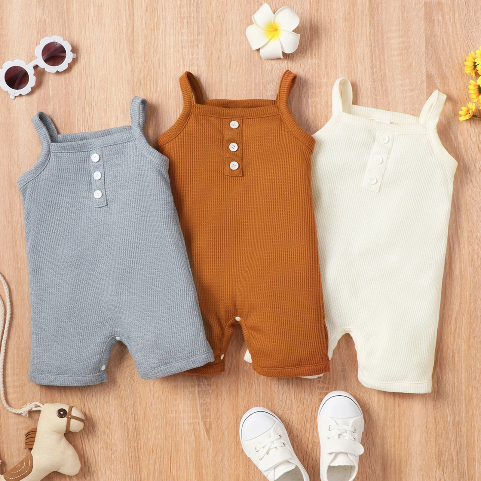 018m Baby Boy Girl Romper Sleeveless Suspender Ribbed Style Button