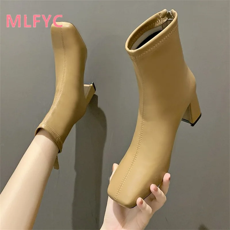 Autumn and Winter New female Large Short Boots High Heel Back Zipper Mid Sleeve Fashion Boots 2023 Warm Women's Boots