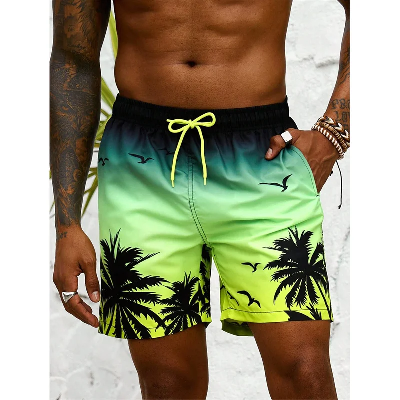 Palm Tree Pattern Beach Shorts Men Gradient 3D Printed Swim Trunks Summer Breathable Short Pants Loose Board Shorts Streetwear 3