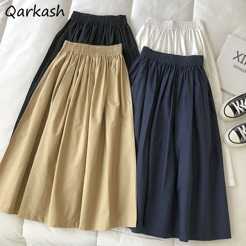 

Midi Skirts Women Summer Harajuku Pleated Fashion Pure Elegant Safari Style Casual Females High Waist Streetwear Chic Minimalist