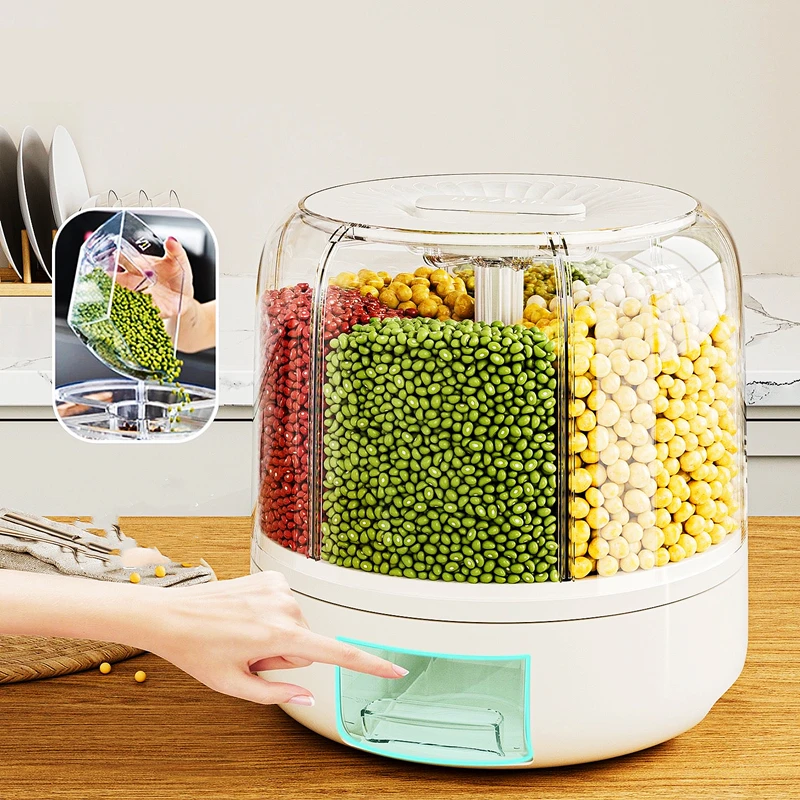 

360° Degree Rotating Rice Dispenser Sealed Dry Cereal Grain Bucket Dispenser Moisture-proof Kitchen Food Container Storage Box