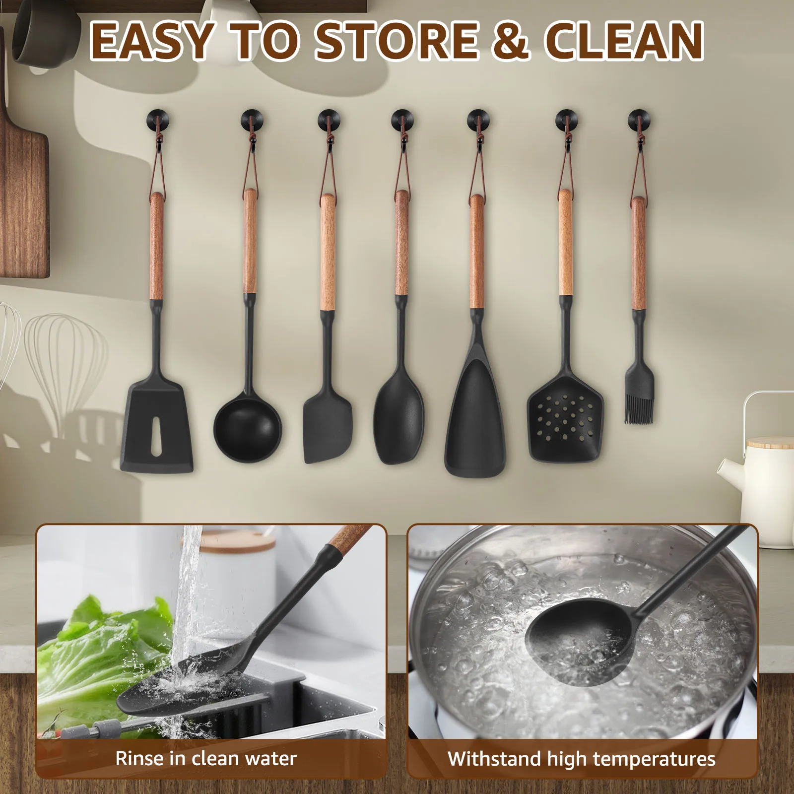 7Pcs Kitchen Utensil Set Silicone Cooking Utensil with Wood Handle Spatula,Turner Tongs, Spoon, Brush,Kitchen Gadgets Cookware