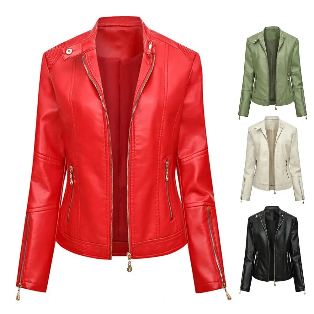Lady Faux Leather Jacket Solis Color Buttons Decor Long Sleeve Biker Coat Windproof Slim Lady Coat For Motorcycle Riding