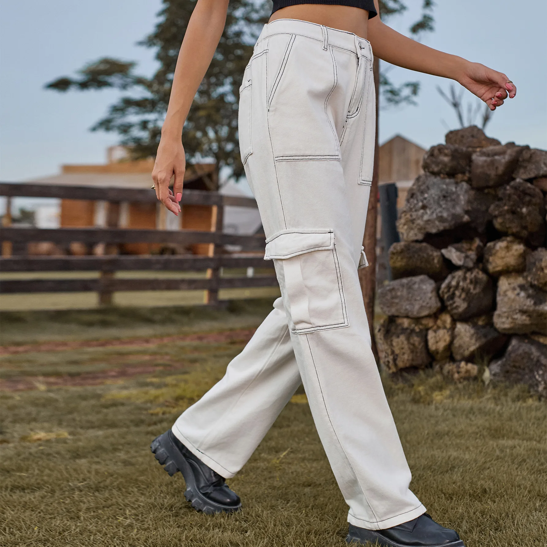 New Retro Elastic Waist Denim Workwear Pants Casual Jeans for Women Y2k High Waisted Jeans Woman  Cargo Pants Women