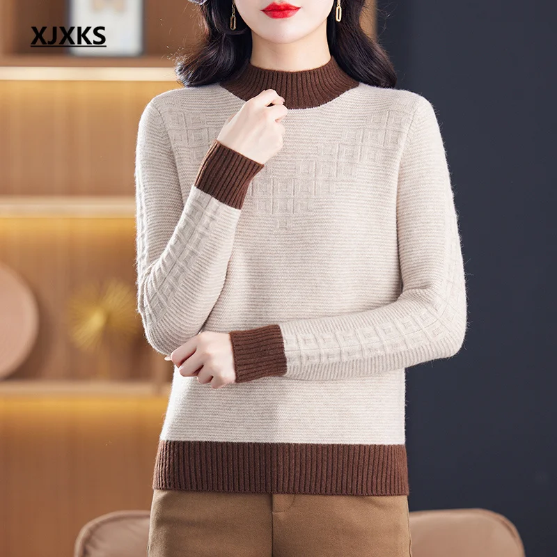 

XJXKS Fashion Color Blocking Women's Turtleneck Sweater 2024 Winter New Thickened Warm Wool Knit Pullover Tops