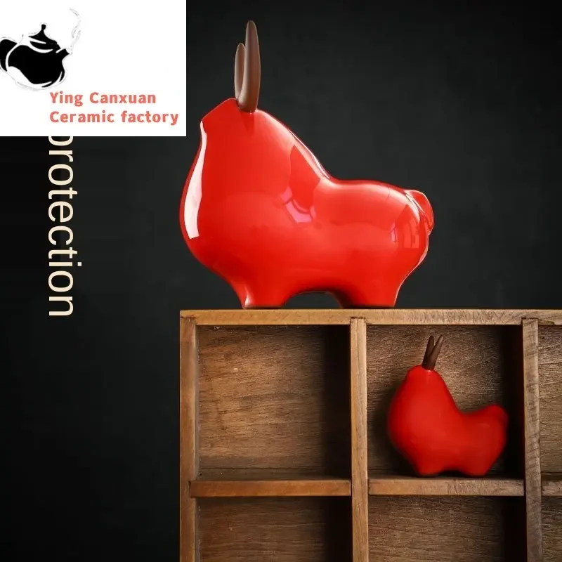 

Chinese Awesome Tea Ornaments Decoration Ceramic Crafts Office Home Decoration Red Cow Decoration Gift for The Year of Th