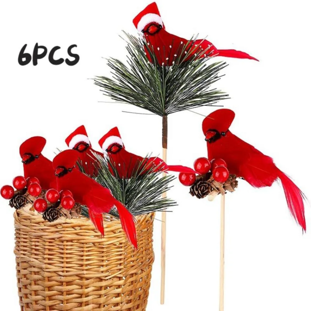 

6pcs New Year Artificial Birds Red Clip-on Cardinals Feathered Bird Miniature Fake Birds Holiday Party Christmas Village Decor