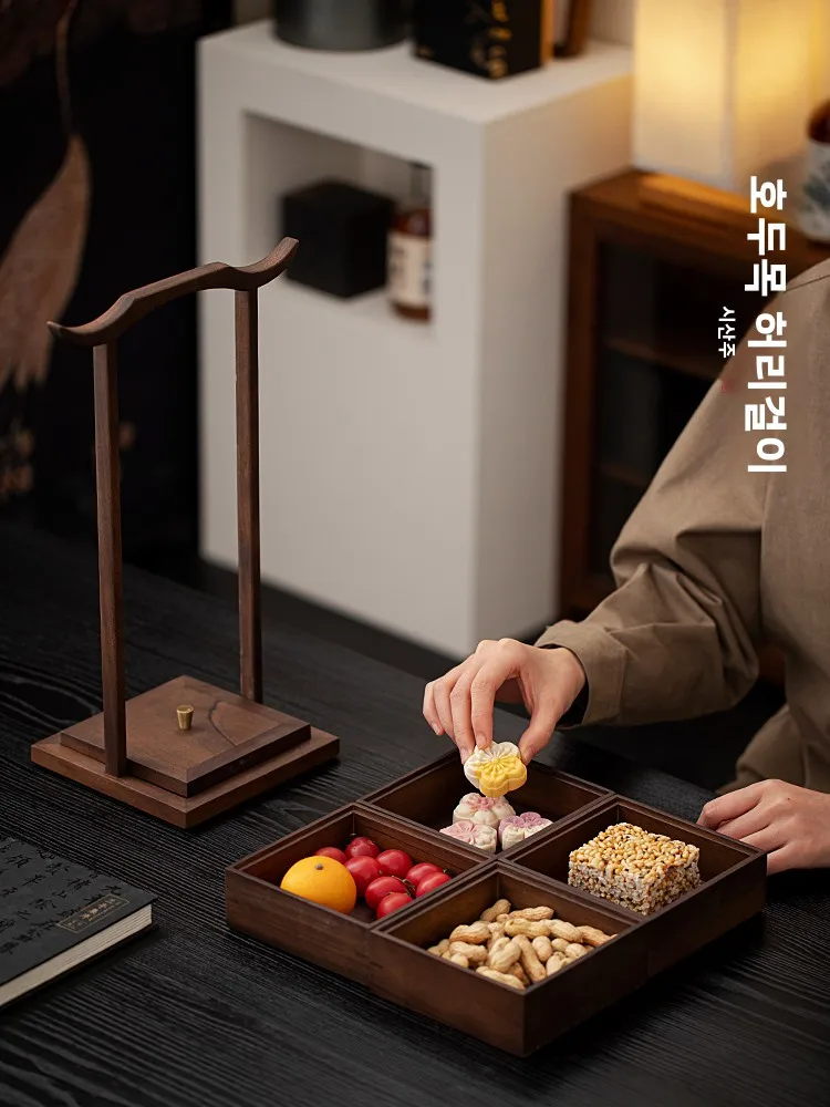 호두차 간식 트레이 박스 다층 고급 중국풍 빈티지 사각형 가정용 건과일 간식 나무 바구니 상자