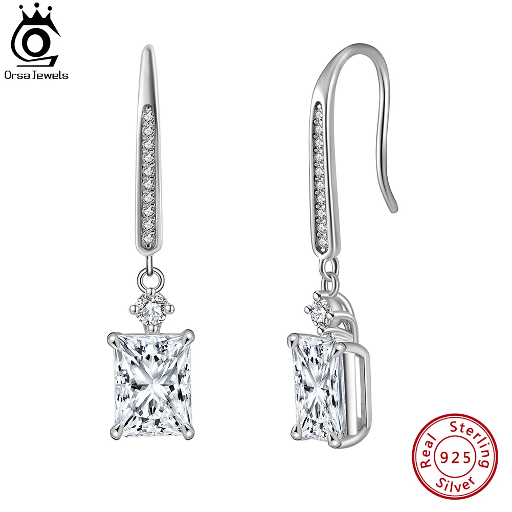 ORSA JEWELS 925 Sterling Silver Shiny Dangle Earrings for Women 8A Premium Cubic Zircon Drop Earrings Wedding Jewelry Gift LZE18