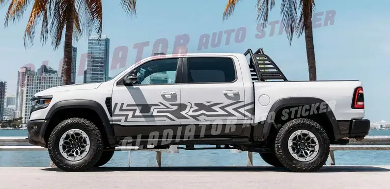 

2xRam TRX text only with NO hood STRIPE 4x4 Graphics Decals | Side view