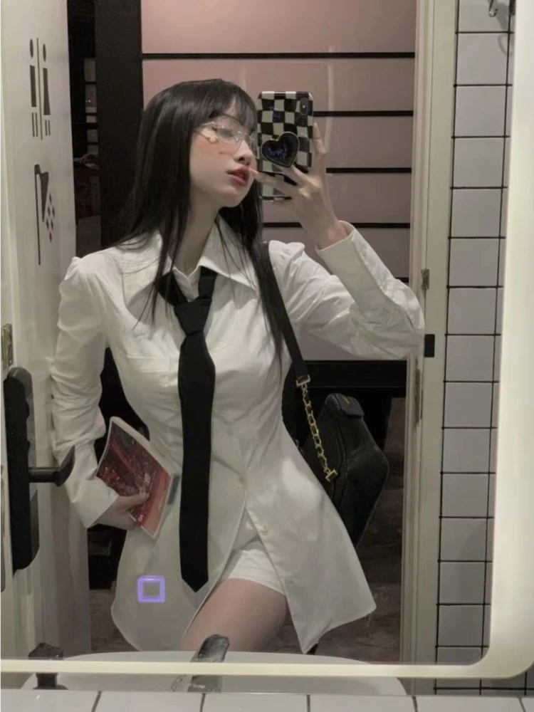 Spring and Autumn Cool Thin Shirt Dress Women High Waist Casual Shorts + Shirt Two Piece Fashion Set Female Trend