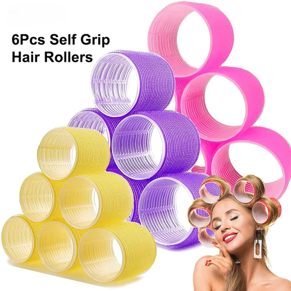 Heatless Curls Hair Bangs Volume Self-adhesive Hook & Loops Self Grips Hair Rollers No Heat Curlers DIY Styling Tools 6Pcs