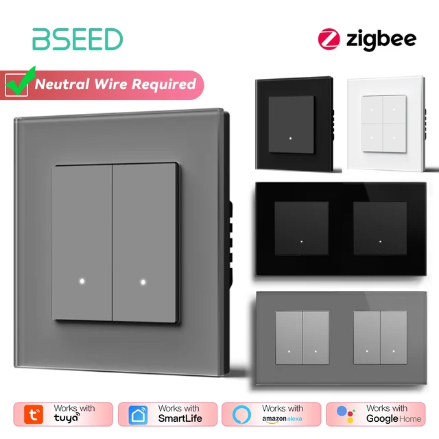 BSEED Zigbee Click Switches Series 1/2/3/4Gang Wall Smart Light Switches Yellow Backlight Glass Frame Tuya APP EU Stair Switches