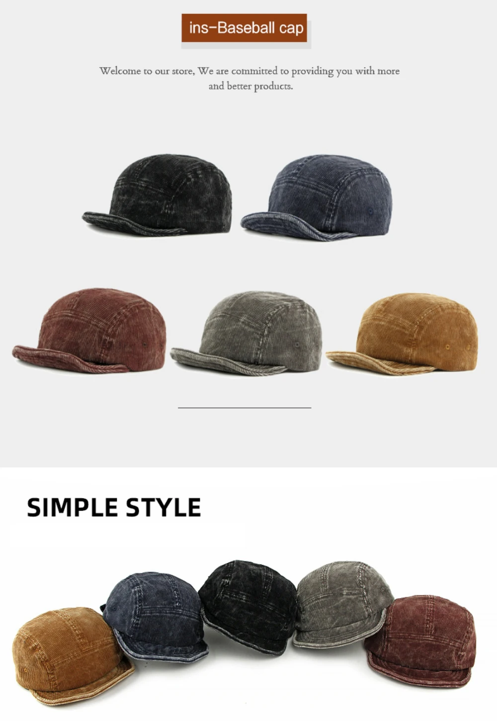 HT4940 Baseballkappe, einfarbig, Cordkappen für Männer und Frauen, weiche Oberseite, kurze Krempe, Baseballmütze, männlich und weiblich, verstellbare Snapback-Kappe – Detail 1