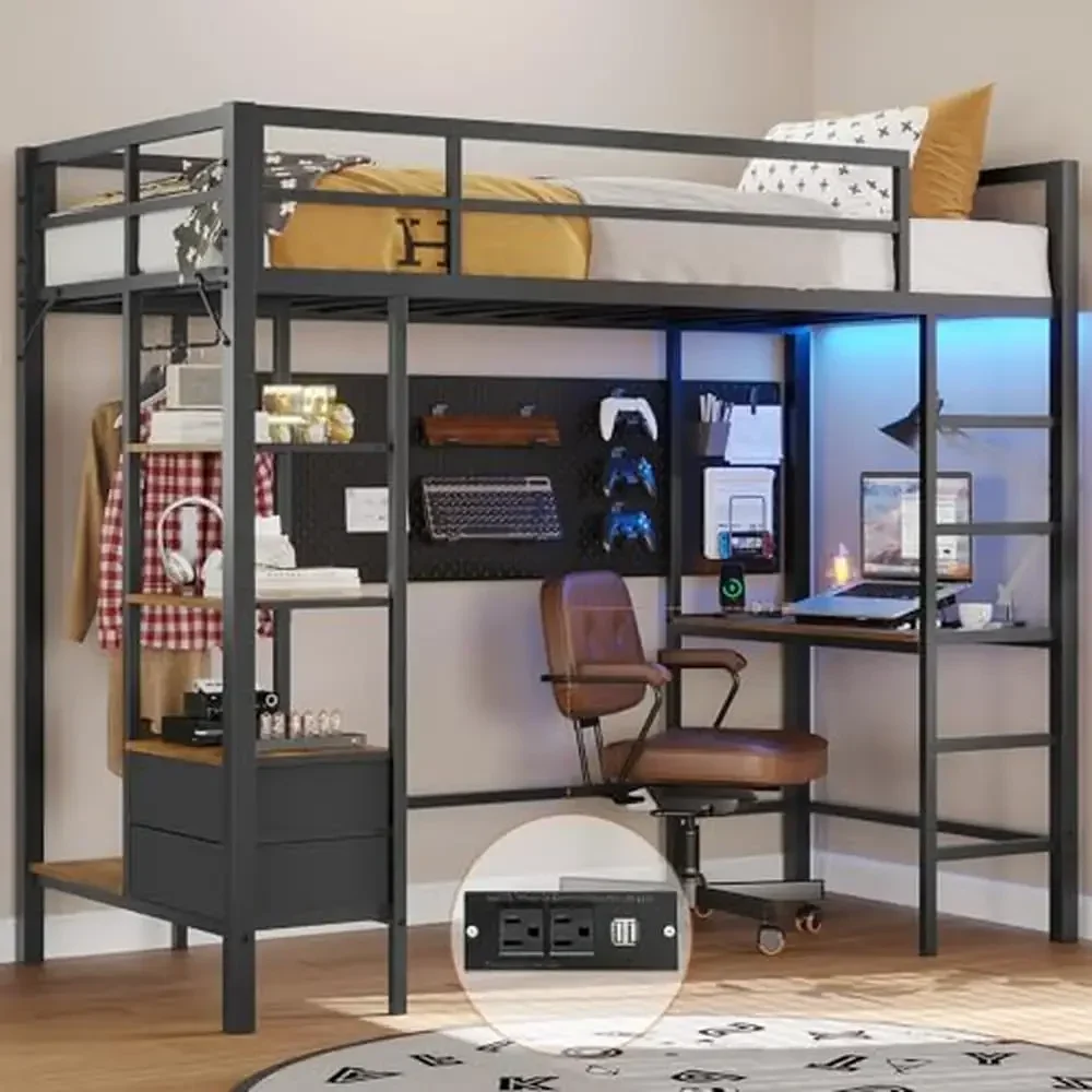 Twin Loft Bed Desk LED Lights Charging Station Storage Shelves Drawers Metal Frame Guardrails Safety Bed