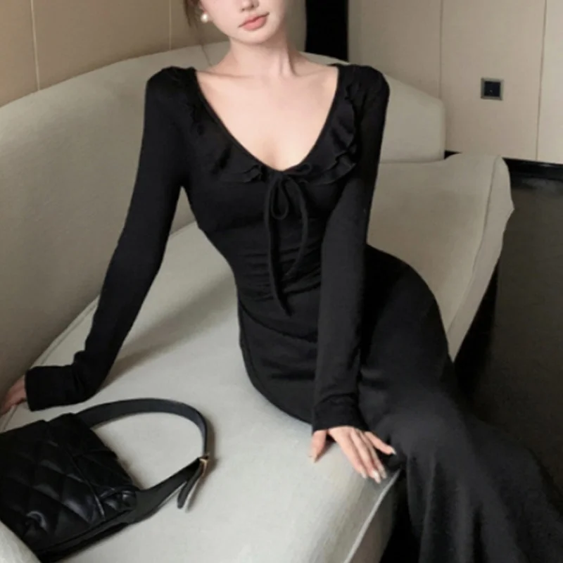Women Dress y2k Clothes Solid Color Ruffle Tie Up V Neck Long Sleeve Bodycon Long Dresses Party Dresses Streetwear