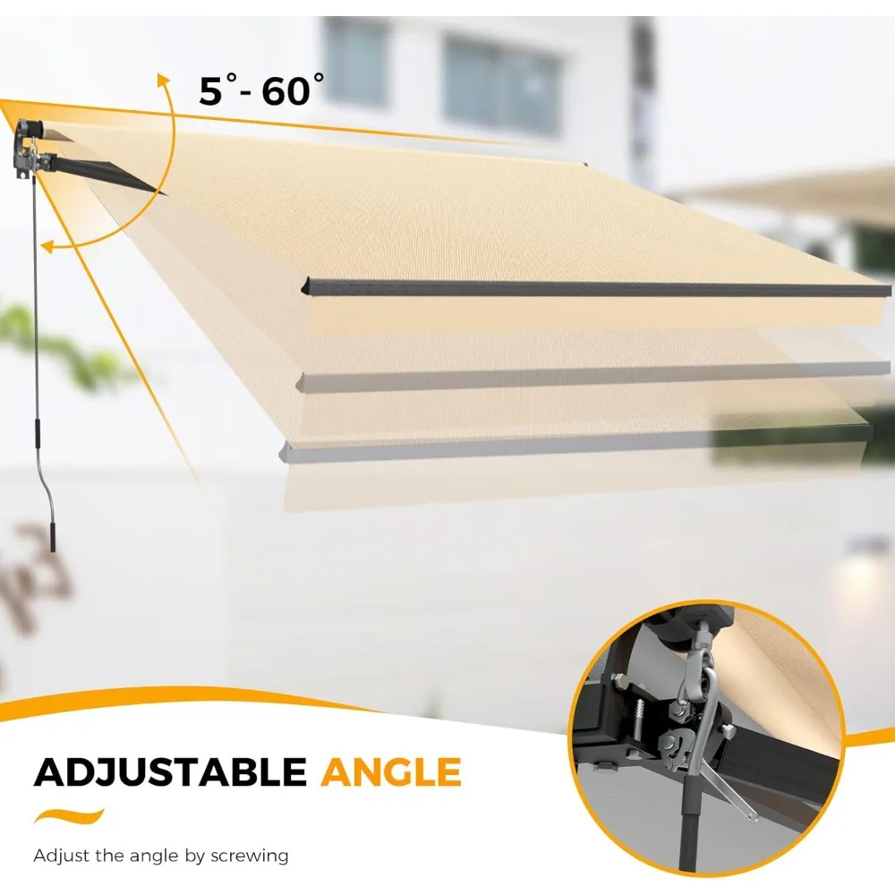 10'W x 8' H Retractable Awning for Patio, Manual Awnings, Sunshade Shelter Crank Handle, UV & Waterproof Polyester Cover and Al 5