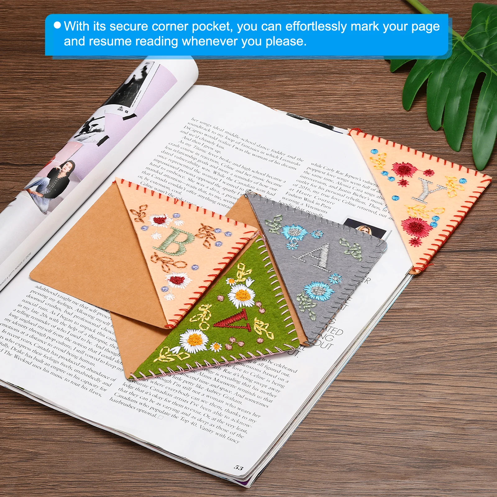 Personalized Embroidered Corner Bookmark Cute Flower Felt Stitched Triangle Book Mark Page Marker for Book Lovers Teachers Grey