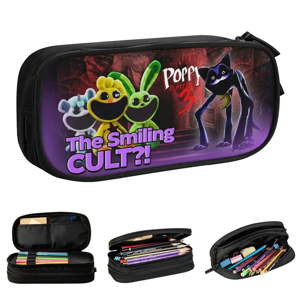 

Large Capacity Pencil Case Video Game Smiling Critters Gaming Office Supplies Double Layer Pen Case Women Makeup Bag
