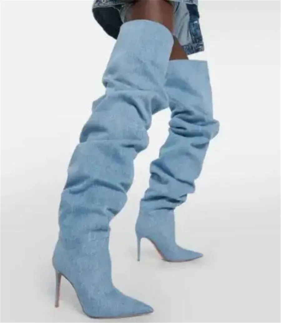 

Sexy Light Blue Denim Pointed Toe Pleated Loose Over The Knee Boots Women Tube Slip On Jean Bota Thin Heels Thigh Long Booties