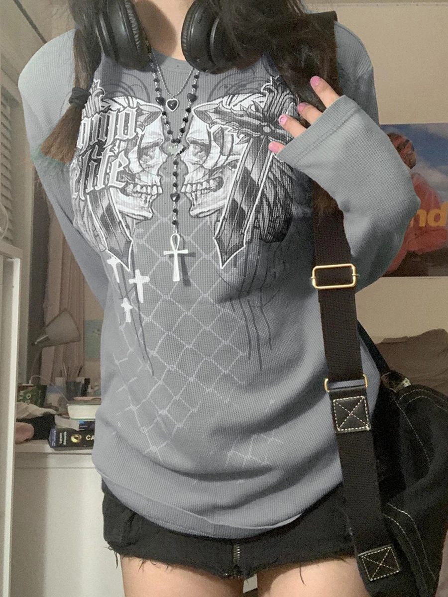 

Женская Винтажная футболка с длинным рукавом, с принтом черепа