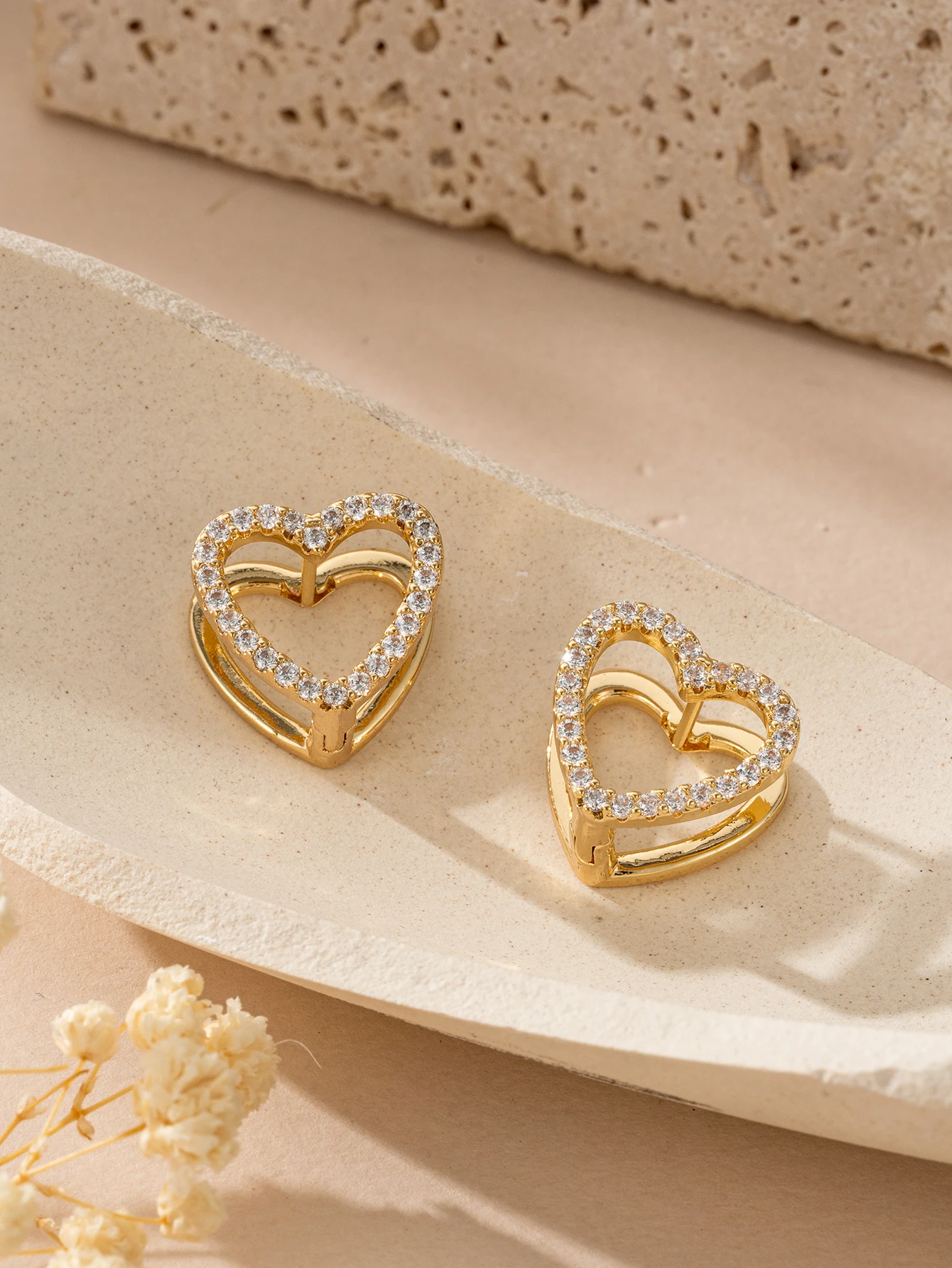 Dainty Gold Plated CZ Heart Earrings