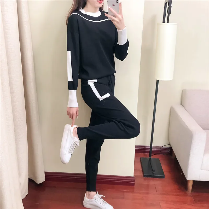 

2023 Autumn Winter 2 Pieces Set Knitted Long Sleeve Pullovers Sweater Casual Patchwork Fashion Women Tops and Pants Suits Spring
