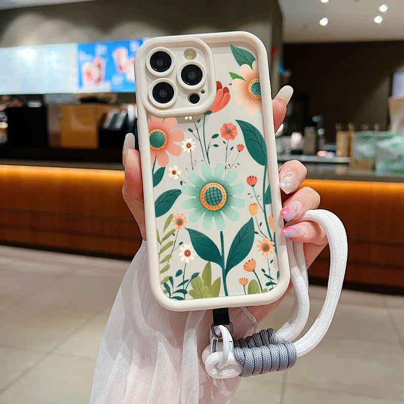 Charming Floral Lanyard Rope Silicone Phone Case - Soft Cover