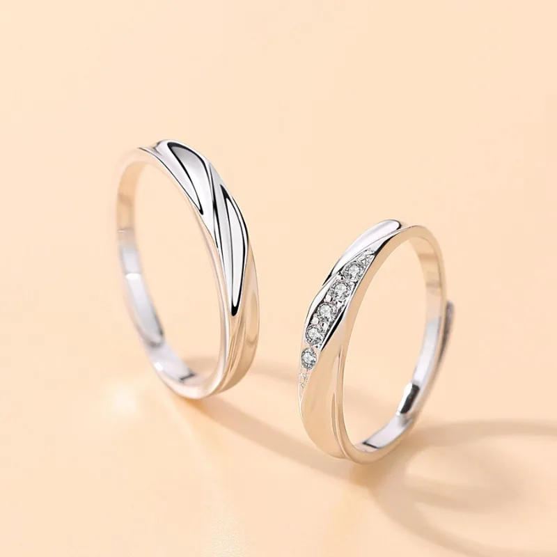 Fashion Couple Rings Set Silver Color Simple Opening Adjustable Finger Ring Light Luxury Jewelry For Women Men Anniversary Gift