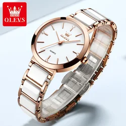 OLEVS Women's Luxury Rose Gold Quartz Watch with Ceramic Strap (White)