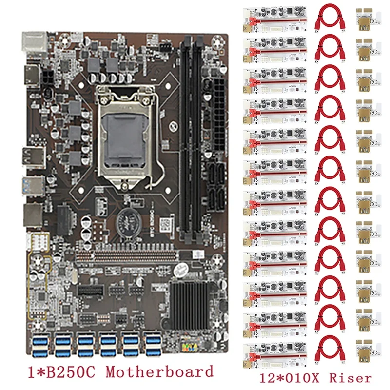 B250C BTC Mining Motherboard 12 USB3.0 to PCIE Graphics Slot LGA 1151 DDR4 DIMM SATA3.0 with 12XVER010-X Riser Card | Компьютеры и