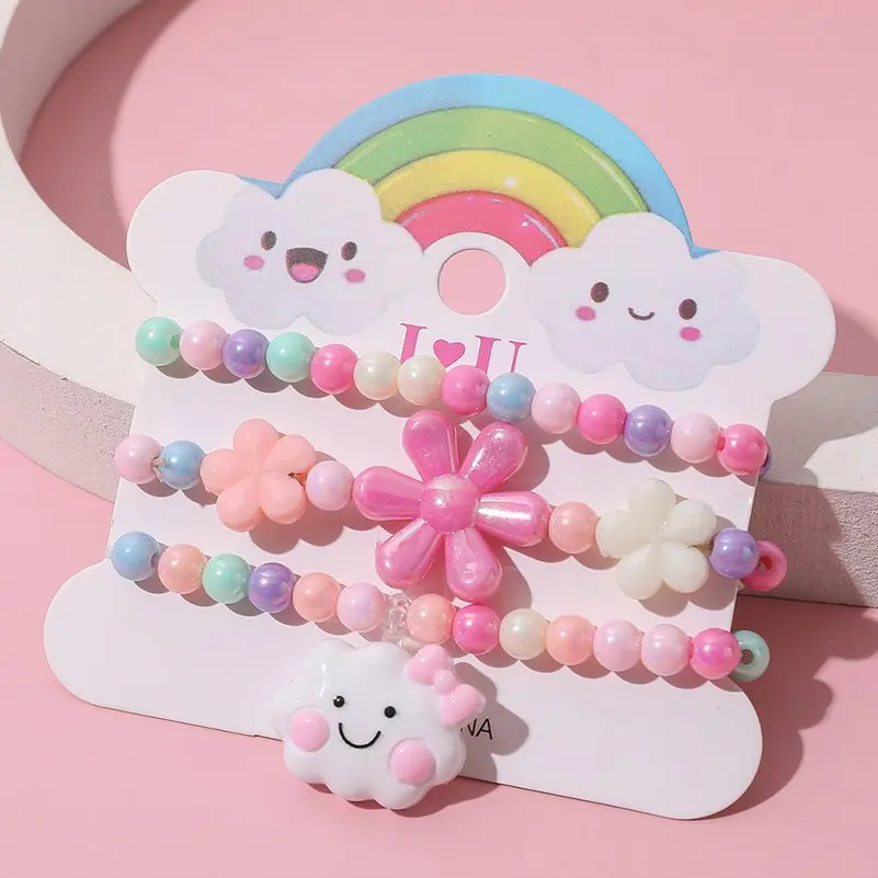 Cute children's cartoon bracelets 3pcs/set princess beads unicorn fruit cat girls jewelry charm gifts