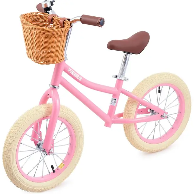Pink 14 Inch Kids Balance Bike with Basket for Girls, Suitable for Ages 3-7, Rubber Tires, Carbon Steel Frame
