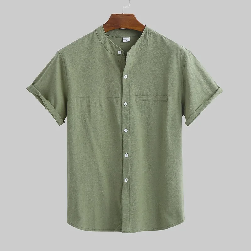 Linen Shirt Men's Short sleeved Stand up Collar Summer Thin Loose