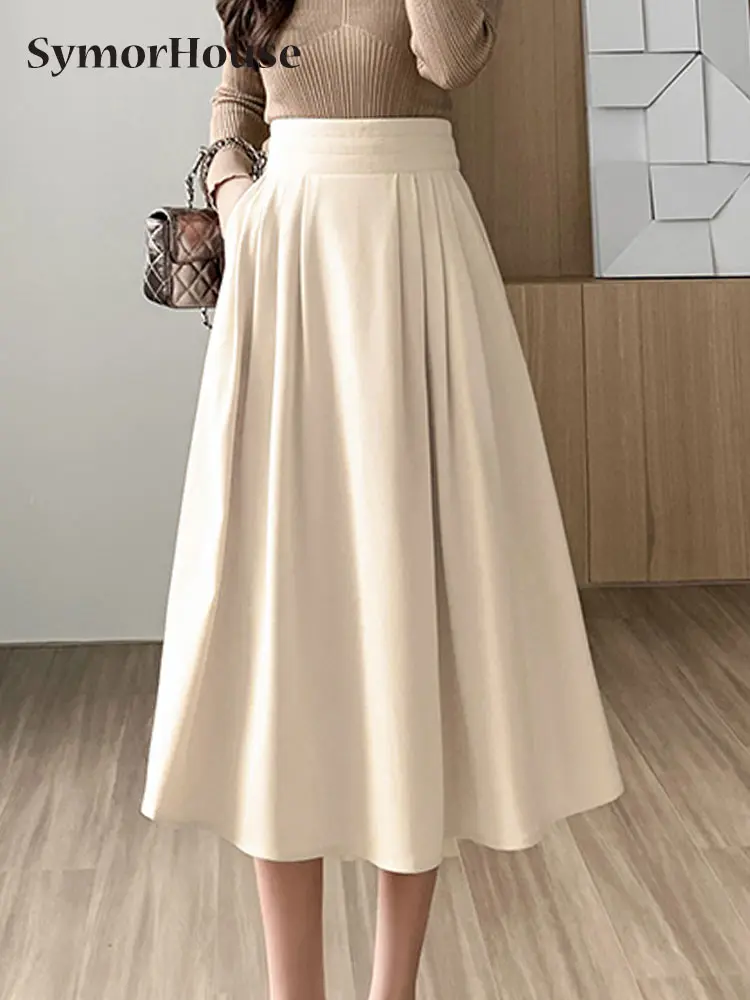 

2023 Elegant Fashion Black Pleated Midi Skirts Women High Waist Office Lady Pockets Folds A-Line Umbrella Skirts Female