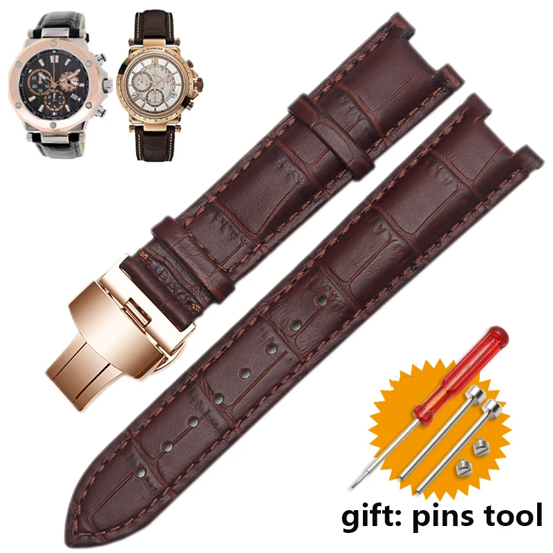 Genuine Leather Watchband with Stainless Steel Butterfly Buckle, Notched Strap Design