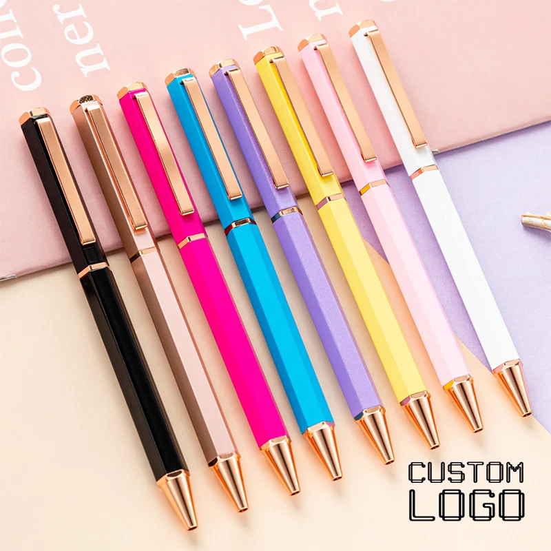 Personalized Custom Logo Exquisite Hexagonal Metal Ballpoint Pens Birthday Gift Office Accessories Student Stationery Supplies